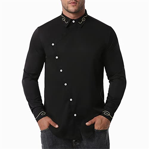 Herren schräg Knopf Langarm Kleid Hemd Mode Weiß Stickerei Hemd Herren Arbeit Business Slim Fit Baumwolle Hemden Schwarz US Größe XL von Zadaos