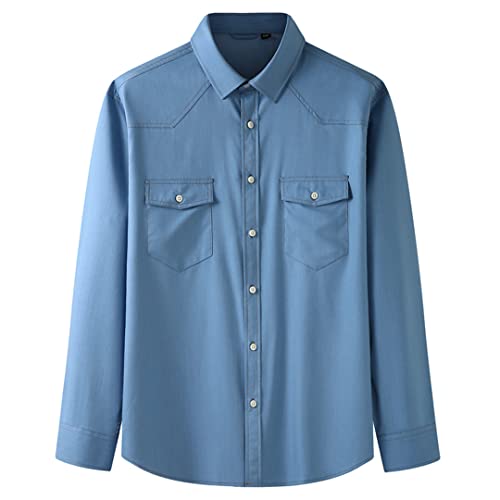 Klassische Mode Zwei Taschen Herren Denim Langarmshirt Frühling Herbst Große Größe Lose Hemd Männliche Oberteile Hellblau 10XL von Zadaos