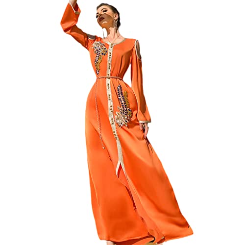 Ramadan Eid Mubarak Abendkleider für Damen Satin Abaya Dubai Saudi Türkei Islam Pakistan Muslim Langes Kleid Kaftan Robe Orange M von Zadaos