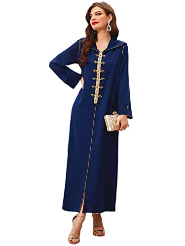 Ramadan Eid Mubarak Caftan Satin Abaya Dubai Arabische Türkei Islam Muslim Langes Kleid für Frauen Kaftan Niqab Robe Djellaba Dunkelblau L von Zadaos