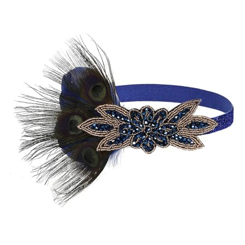 Ym5997 Damen-Kopfschmuck mit Pfauenfedern, Flapper-Zubehör, Art-Deco, 20er-Jahre-Stil, Showgirl-Stirnband, Party-Haarband, Blau von Zadaos