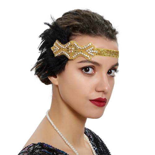 Zadaos Damen 1920er Jahre Kopfschmuck Feder Flapper Stirnband Kopfschmuck Vintage Braut Abend Party Kostüm Kleid Gold von Zadaos