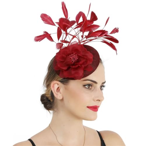 Zadaos Fascinator für Damen, mit rosa Blumen, Kopfbedeckung, Cocktail, Hochzeit, Haarschmuck, Party, Abendessen, Fedora-Cap, Burgunderrot von Zadaos