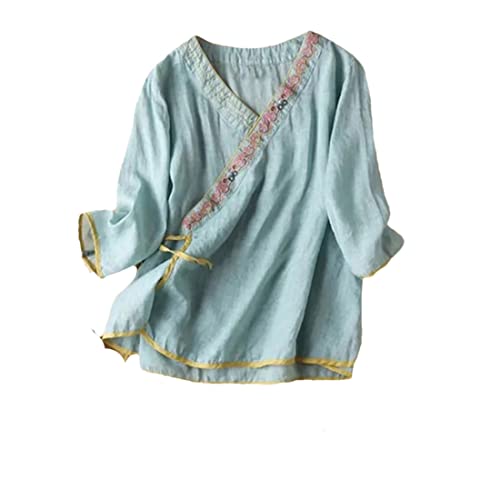 Zadaos Frauen Baumwolle Leinen Stickerei Chinesische Hemden Vintage V Kragen Freizeit Bluse Shirt, blau, XXX-Large von Zadaos