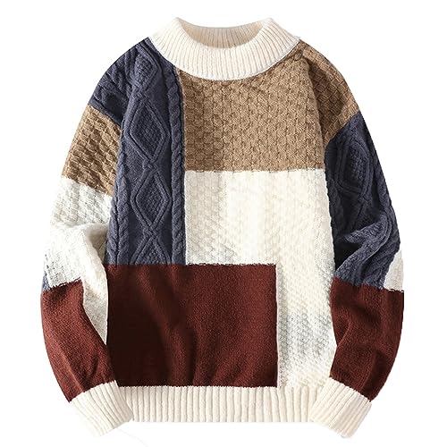 Zadaos Herbst Winter Männer Lose Vintage Patchwork Pullover Rundhals Langarm Fit Gestrickte Verdicken Pullover NMY228 Beige L von Zadaos