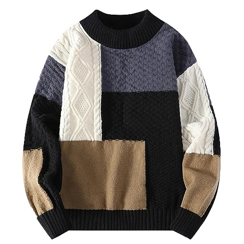 Zadaos Herbst Winter Männer Lose Vintage Patchwork Pullover Rundhals Langarm Fit Gestrickte Verdicken Pullover NMY228 Black XXXL von Zadaos
