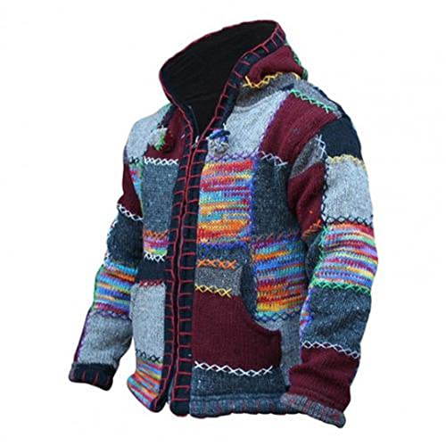 Zadaos Herren Casual Strickmantel Jacke Ethno Color Block Baumwolle Gemischt mit Taschen Kapuzenjacken, weinrot, XXXL von Zadaos