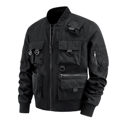 Zadaos Herren Retro Cargo Jacke Multi Pocket Outdoor Arbeitsmantel Herren Motorradjacke, Schwarz , 3XL von Zadaos