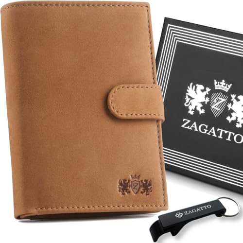 Zagatto Leder Geldbörse Herren mit Druckknopf - Cognac/Braun Portmonee Herren - RFID Secure - 8 Fächer für Kreditkarten Wallet for Men Geldbeutel Herren ZG-N4L-F10 von Zagatto