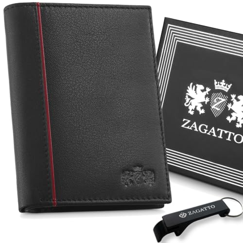 Zagatto Leder Geldbörse Herren mit roten Motiven - Schwarz Portmonee Herren - RFID Secure - 8 Fächer für Kreditkarten Wallet for Men Geldbeutel Herren ZG-N4-F16 von Zagatto