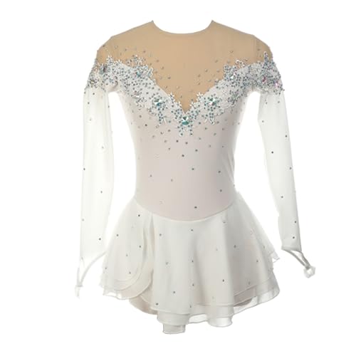 Zagitova Eiskunstlaufkleid for Mädchen, Patchwork-Applikation, Damen-Wettkampf-Tanzoutfit mit glänzendem Strassstein(White,XXXS) von Zagitova