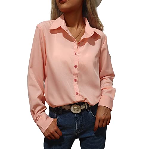 Zahala Battery Damen Bluse Elegant Chiffon V-Ausschnitt Hemden Casual Langarm Arbeit Oberteile mit Knöpfen Tops Langarmshirt(Rosa,M) von Zahala Battery