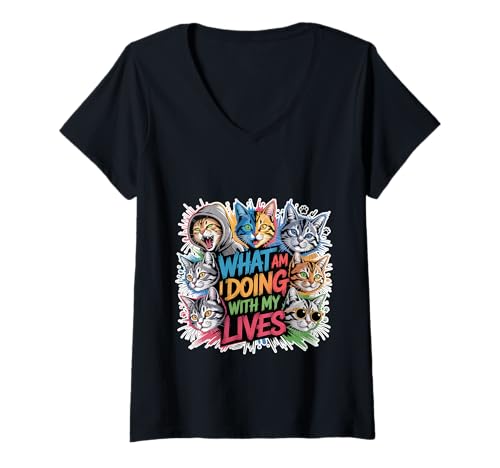 Damen What Am I Doing with My Lives Sarcastic Cat Puns - T-Shirt mit V-Ausschnitt Damen What Am I Doing with My Lives Sarcastic Cat Puns - T-Shirt mit V-Ausschnitt von Zahlreiche Leben existenzieller Katzenhumor