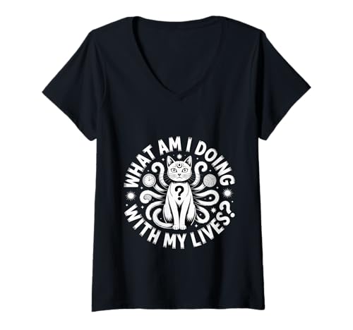 Damen What Am I Doing with My Lives Sarcastic Cat Puns - T-Shirt mit V-Ausschnitt Damen What Am I Doing with My Lives Sarcastic Cat Puns - T-Shirt mit V-Ausschnitt von Zahlreiche Leben existenzieller Katzenhumor