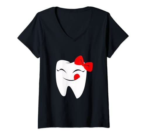 Damen Zahn Mit Gesicht Und Schleife T-Shirt mit V-Ausschnitt Damen Zahn Mit Gesicht Und Schleife T-Shirt mit V-Ausschnitt von Zahn-Motive Für Zahnarzthelfer und Angestellte