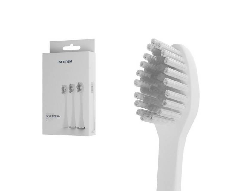 Zahnheld Aufsteckbürsten Ersatzbürsten Basic Medium - ideal für Schallzahnbürste Gero, im 3er, 6er oder 9er Set, Zahnpflege Set, mittelharte Wechselköpfe, plastikfrei verpackt, 3 Stück, weiß von Zahnheld