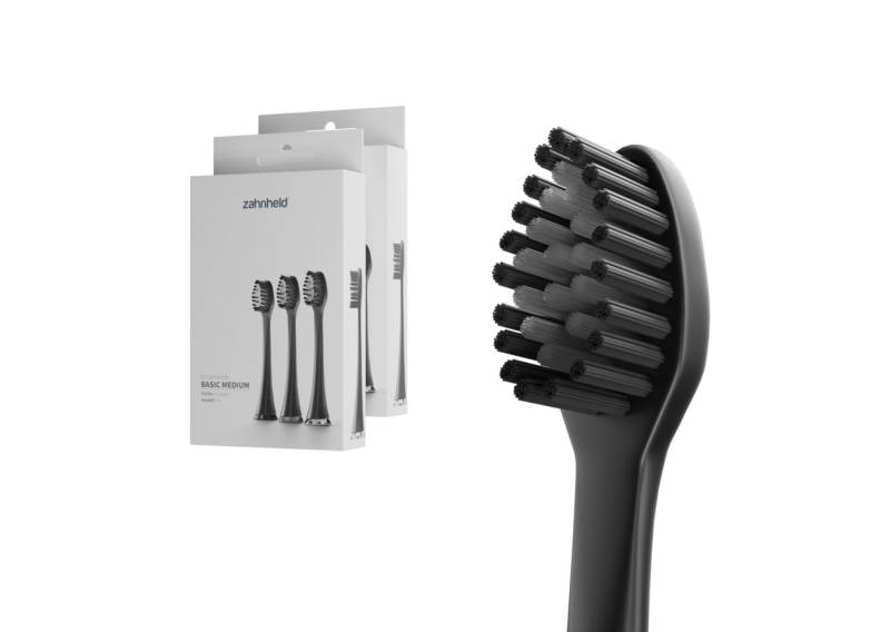 Zahnheld Aufsteckbürsten Ersatzbürsten Basic Medium - ideal für Schallzahnbürste Gero, im 3er, 6er oder 9er Set, Zahnpflege Set, mittelharte Wechselköpfe, plastikfrei verpackt, 6 Stück, schwarz von Zahnheld