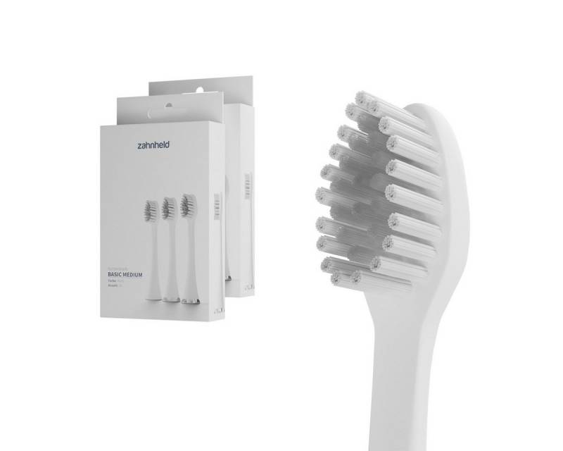 Zahnheld Aufsteckbürsten Ersatzbürsten Basic Medium - ideal für Schallzahnbürste Gero, im 3er, 6er oder 9er Set, Zahnpflege Set, mittelharte Wechselköpfe, plastikfrei verpackt, 6 Stück, weiß von Zahnheld