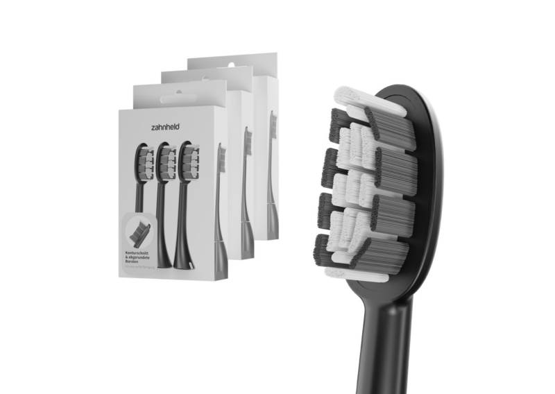 Zahnheld Aufsteckbürsten Ersatzbürsten Basic Medium - ideal für Schallzahnbürste Gero, im 3er, 6er oder 9er Set, Zahnpflege Set, mittelharte Wechselköpfe, plastikfrei verpackt, 9 Stück, schwarz von Zahnheld