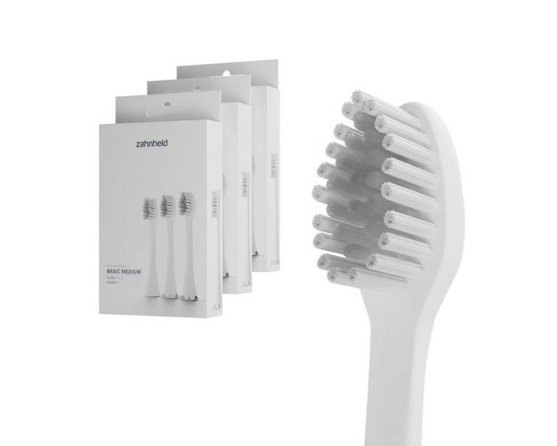 Zahnheld Aufsteckbürsten Ersatzbürsten Basic Medium - ideal für Schallzahnbürste Gero, im 3er, 6er oder 9er Set, Zahnpflege Set, mittelharte Wechselköpfe, plastikfrei verpackt, 9 Stück, weiß von Zahnheld