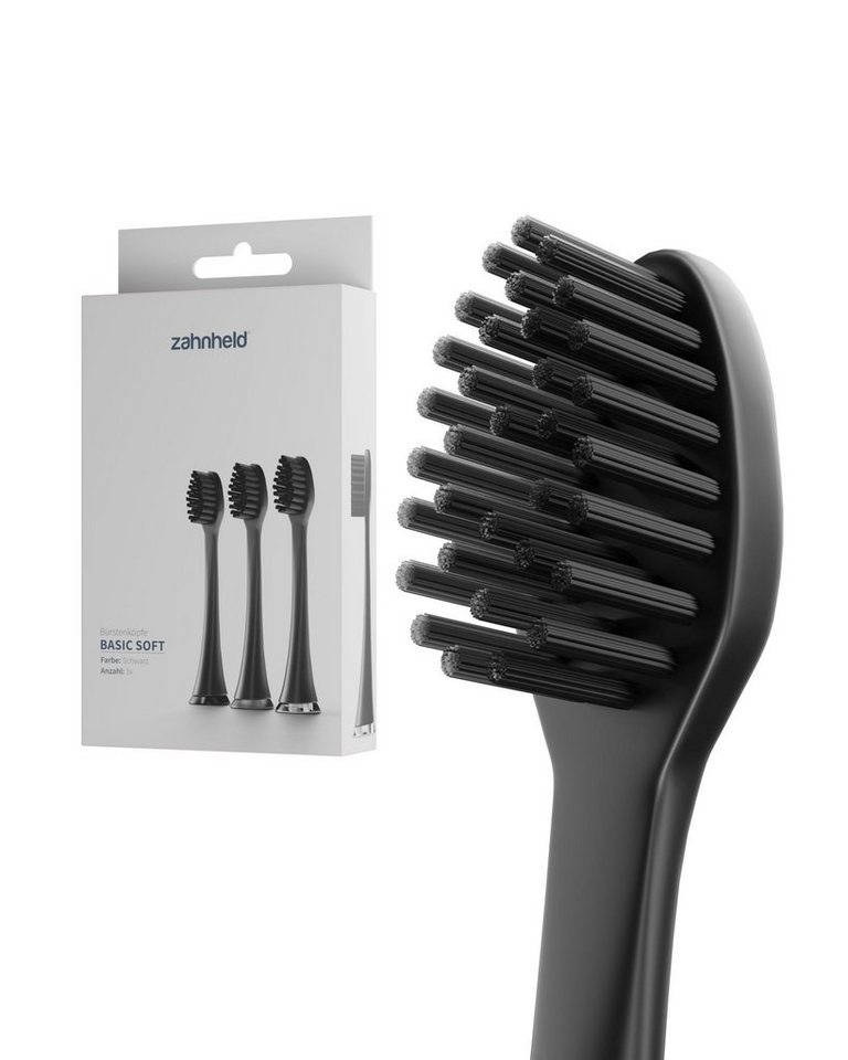 Zahnheld Aufsteckbürsten Ersatzbürsten Basic Soft - ideal für Schallzahnbürste Gero, im 3er, 6er oder 9er Set, Zahnpflege Set, sensibles Zahnfleisch & Zähne, plastikfrei verpackt, 3 Stück, schwarz von Zahnheld