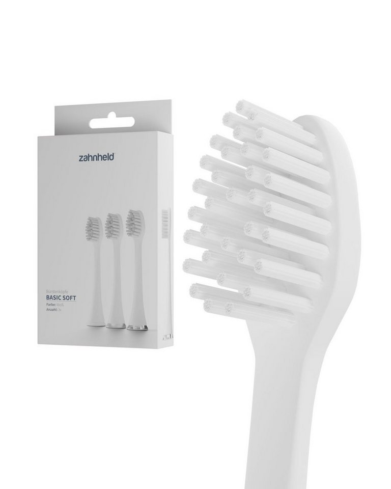 Zahnheld Aufsteckbürsten Ersatzbürsten Basic Soft - ideal für Schallzahnbürste Gero, im 3er, 6er oder 9er Set, Zahnpflege Set, sensibles Zahnfleisch & Zähne, plastikfrei verpackt, 3 Stück, weiß von Zahnheld