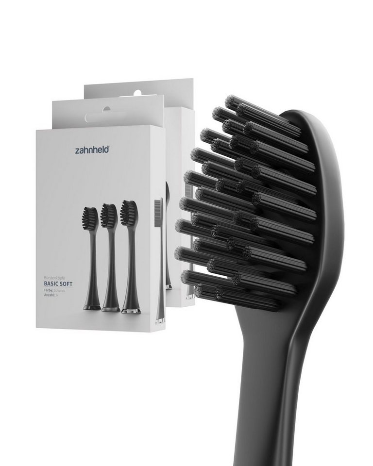 Zahnheld Aufsteckbürsten Ersatzbürsten Basic Soft - ideal für Schallzahnbürste Gero, im 3er, 6er oder 9er Set, Zahnpflege Set, sensibles Zahnfleisch & Zähne, plastikfrei verpackt, 6 Stück, schwarz von Zahnheld