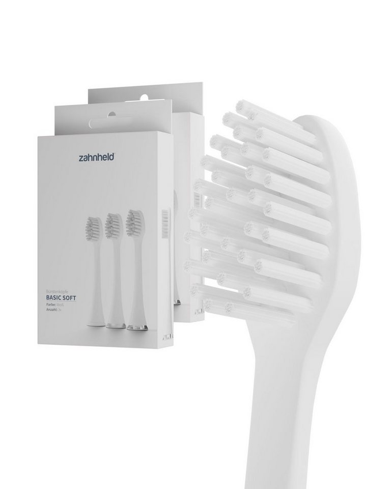 Zahnheld Aufsteckbürsten Ersatzbürsten Basic Soft - ideal für Schallzahnbürste Gero, im 3er, 6er oder 9er Set, Zahnpflege Set, sensibles Zahnfleisch & Zähne, plastikfrei verpackt, 6 Stück, weiß von Zahnheld