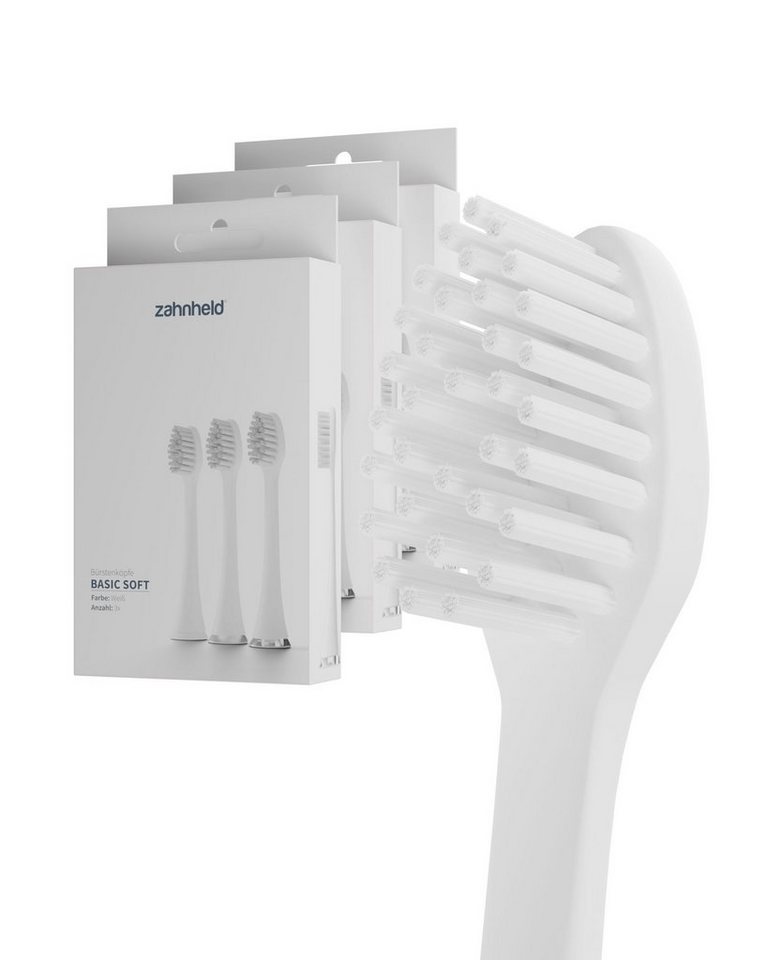 Zahnheld Aufsteckbürsten Ersatzbürsten Basic Soft - ideal für Schallzahnbürste Gero, im 3er, 6er oder 9er Set, Zahnpflege Set, sensibles Zahnfleisch & Zähne, plastikfrei verpackt, 9 Stück, weiß von Zahnheld