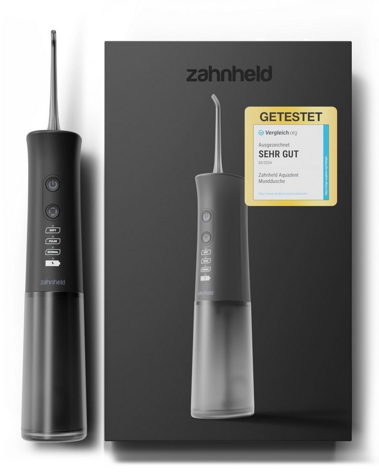 Zahnheld Munddusche Elektrische Zahndusche Aquadent für Zahnzwischenräume mit Reisetasche, Zahnpflege, Water Flosser, mit abnehmbaren Wassertank 170ml und Düse von Zahnheld