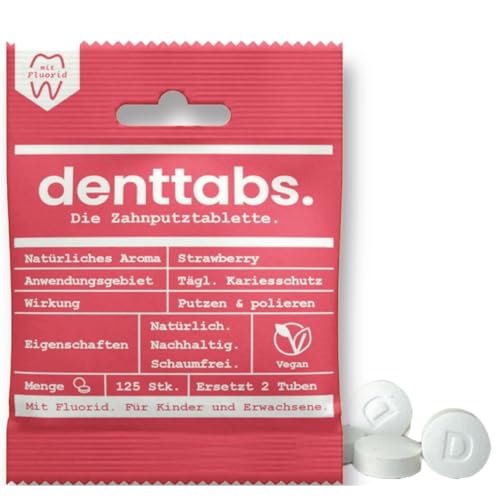 Denttabs Zahnputztabletten Erdbeergeschmack 125 Stk. die vollwertige Alternative zur Zahnpasta, mit angepasstem Fluoridgehalt für Kinder VEGAN Plastikfrei ohne Konservierungsstoffe. kompostable Bag von DENTTABS