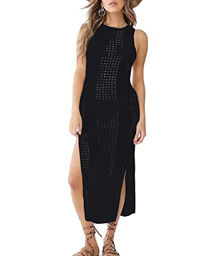 ZaisuiFun Damen Gestrickte Strandkleid Häkelkleid Lang Ärmellose Sommer Sexy Strandtunika Boho Seitenschlitz Hohlstrick Bikini Kleid, Schwarz von ZaisuiFun