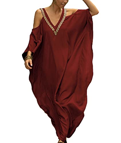 ZaisuiFun Kaftan Strandkleid Damen Lang Sommerkleid Boho V-Ausschnitt Maxikleid Strand Kleid Übergröße, Farbe 03 von ZaisuiFun