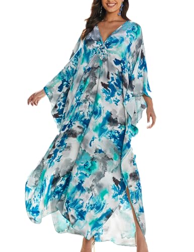 ZaisuiFun Strand Kaftan Damen Langes Boho Strandkleid Sommer Kleider V-Ausschnitt Blumendruck Maxikleid Übergröße, Farbe 03 von ZaisuiFun