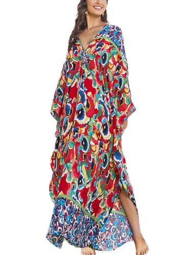 ZaisuiFun Strand Kaftan Damen Langes Boho Strandkleid Sommer Kleider V-Ausschnitt Blumendruck Maxikleid Übergröße, Farbe 04 von ZaisuiFun