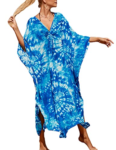 ZaisuiFun Strand Kaftan Damen Langes Boho Strandkleid Sommer Kleider V-Ausschnitt Blumendruck Maxikleid Übergröße, Farbe 05 von ZaisuiFun