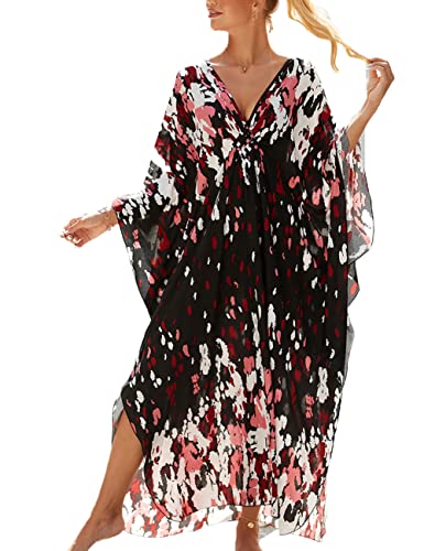 ZaisuiFun Strand Kaftan Damen Langes Boho Strandkleid Sommer Kleider V-Ausschnitt Blumendruck Maxikleid Übergröße, Farbe 06 von ZaisuiFun