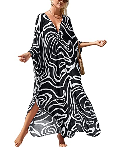 ZaisuiFun Strand Kaftan Damen Langes Boho Strandkleid Sommer Kleider V-Ausschnitt Blumendruck Maxikleid Übergröße, Farbe 07 von ZaisuiFun