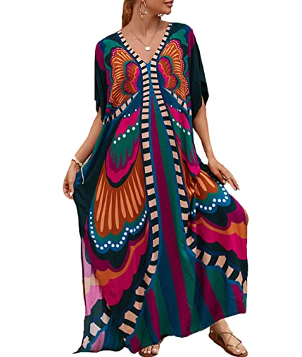 ZaisuiFun Strandkleid Damen Sommer Kaftan Maxikleid Boho Stand Kleider Lang Viskose Sommerkleid Große Größen, Farbe 02 von ZaisuiFun