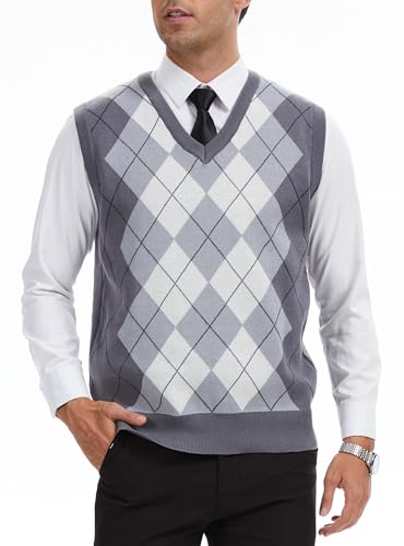 Zaitun Herren Pullunder Kariert Ärmellose V Ausschnitt Weste Slim Fit Westen Freizeit Business Strickweste Herbst Winter Pullover von Zaitun