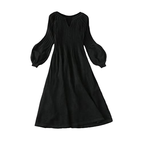 Zaiyi Herbst Winter Damen Strickpullover Kleid Mit V Ausschnitt Elegantes Langes Kleid Damen Lockeres Kleid Black S von Zaiyi