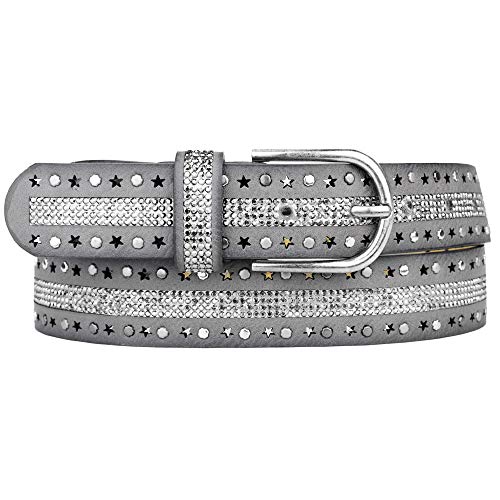 Zakatte • Damen Nietengürtel aus Kunstleder mit Strass und Sterne BS035 (70 cm, Grau) von Zakatte