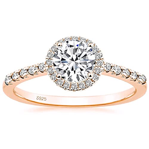 Zakk Ring Damen Verlobungsring Silber 925 Runden Zirkonia 1,25 Karat Solitaire Halo Partnerringe Eheringe Trauringe Freundschaftsringe Versprechen Ringe (Rosegold,52 (16.6)) von Zakk