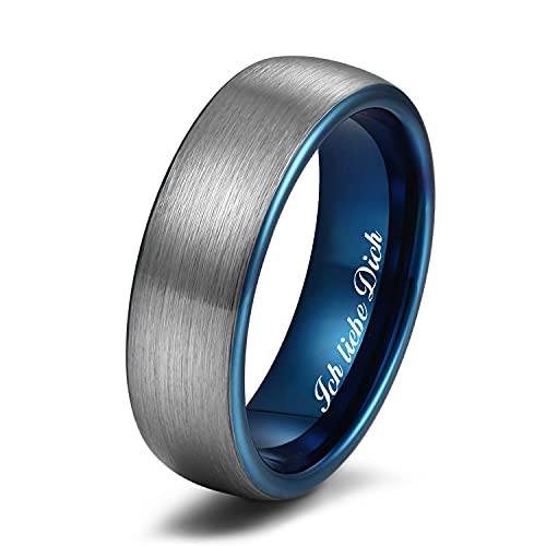 Zakk Ring Herren Damen Wolfram Verlobungsring Trauringe Ehering Partnerringe Gebürstet 6mm 8mm Schwarz Blau Mit Ich liebe Dich Gravieren (Blau-6mm, 58 (18.5)) von Zakk