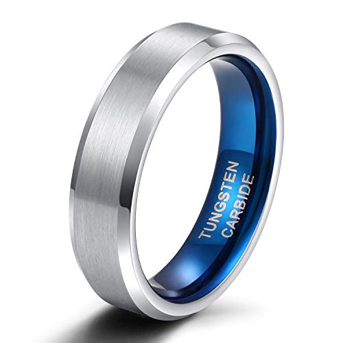 Zakk Ringe Herren Damen Wolfram Gebürstet Silber und Blau Verlobungsringe Eheringe Trauringe Hochzeitsring 4mm 6mm 8mm Größe 47 to 72 (6mm,62 (19.7)) von Zakk