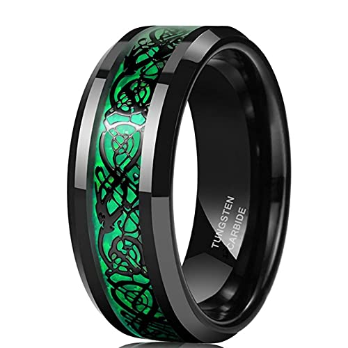 Zakk Ringe Herren Damen Wolframcarbid Schwarz Rot Grün 8mm Breit Keltisch Drachen Verlobungsringe Trauringe Eheringe Freundschaftsringe (Grün,61 (19.4)) von Zakk