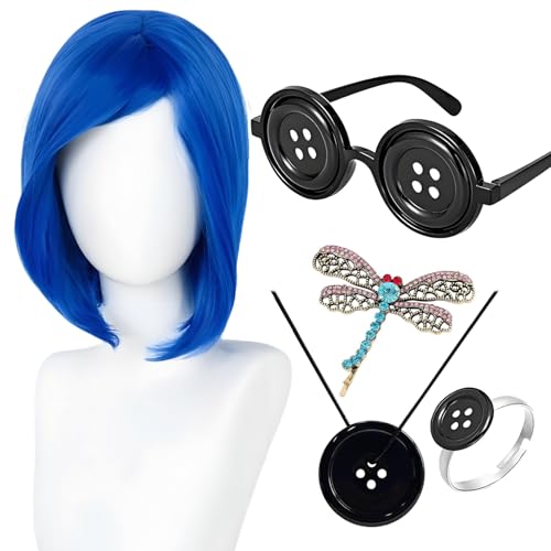 5 Stück Knopfaugen Brille Cosplay Modeschmuck Zubehör Coralim Blaue Perücke Libelle Haarclip Schwarzer Knopf Halskette von Zaky