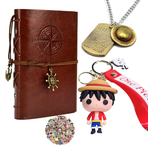 One P. Straw Hat Vintage PU Leder Nautical Notebook Strohhut Piratenschädel Halskette Anime Luffy Schlüsselanhänger Zoro Sanji Aufkleber 13 Stück von Zaky