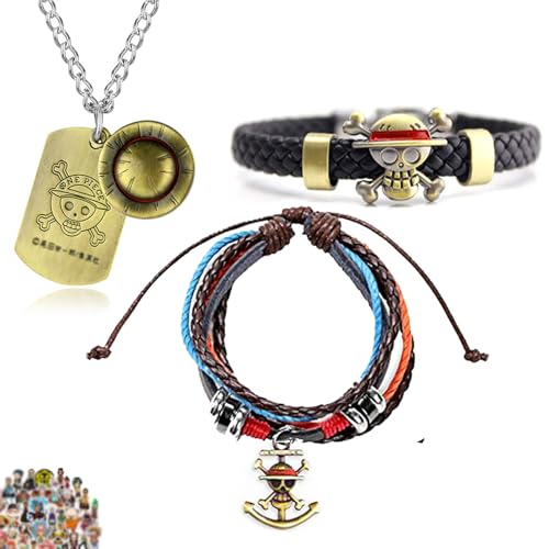 Zaky 13 Stück One P. Geflochtenes Lederarmband Trafalgar Law Armband Luffy Skeleton Anhänger Halskette Strohhut Anime Männer Aufkleber Set von Zaky