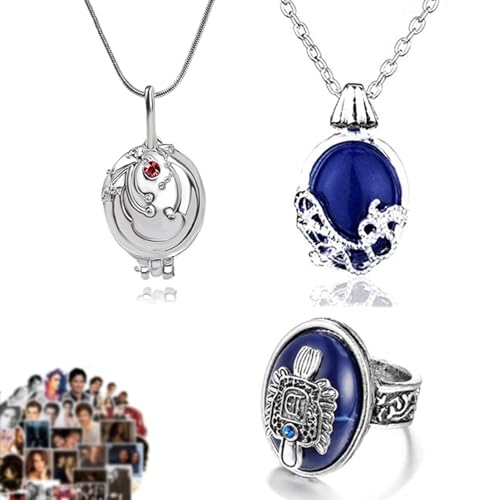 Zaky Vampire Halskette Damen RingeElena Gilbert Öffnung Eisenkraut Medaillon Anhänger Halskette Finger Familienwappen Ring mit Aufkleber 28 Stück von Zaky